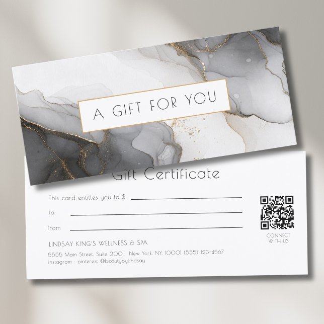 Certificat Cadeau Code QR Marbre Noir Or Luxe (Luxury Black Gold Marble QR Code Gift Certificate)