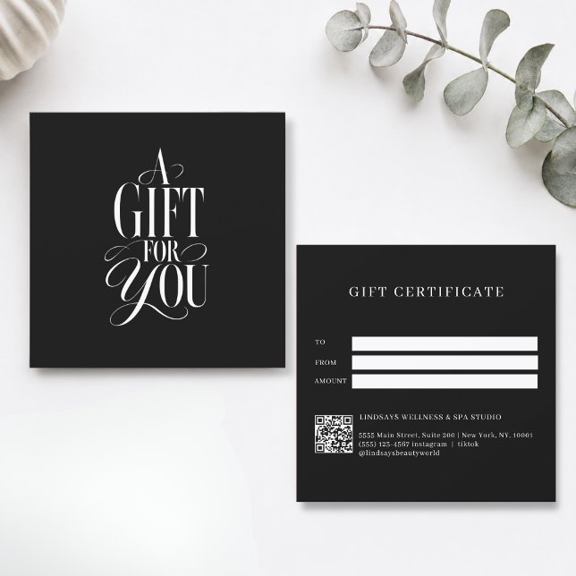 Certificat Cadeau Code QR Noir Police de Caractère (Modern Script Font Black QR Code Gift Certificate)