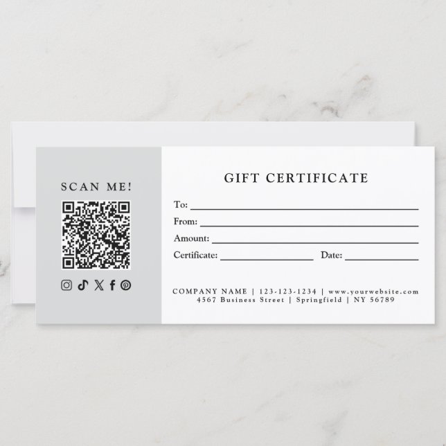 Certificat Cadeau Code QR pour Entreprise Simple M (Devant)