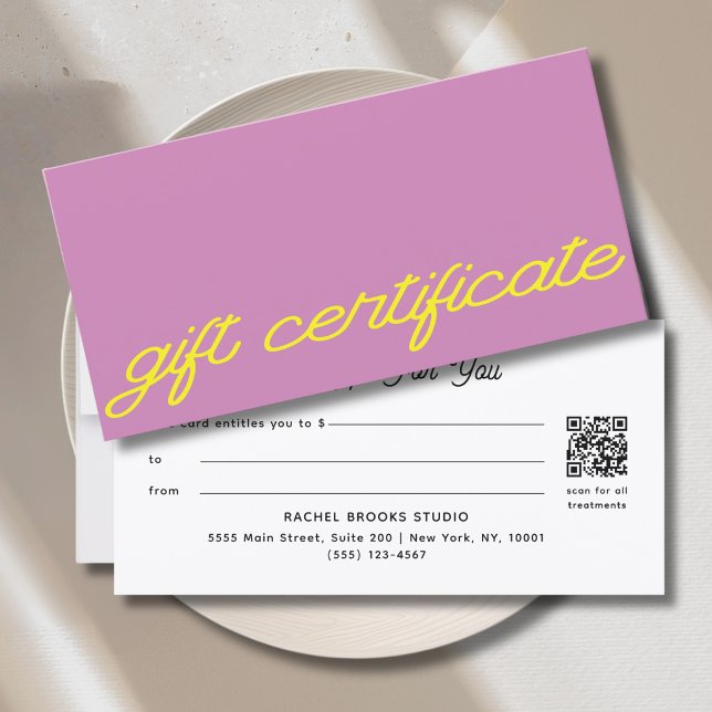 Certificat Cadeau Code QR Rose Mauve Écriture Mode (Modern Script Mauve Pink QR Code Gift Certificate)