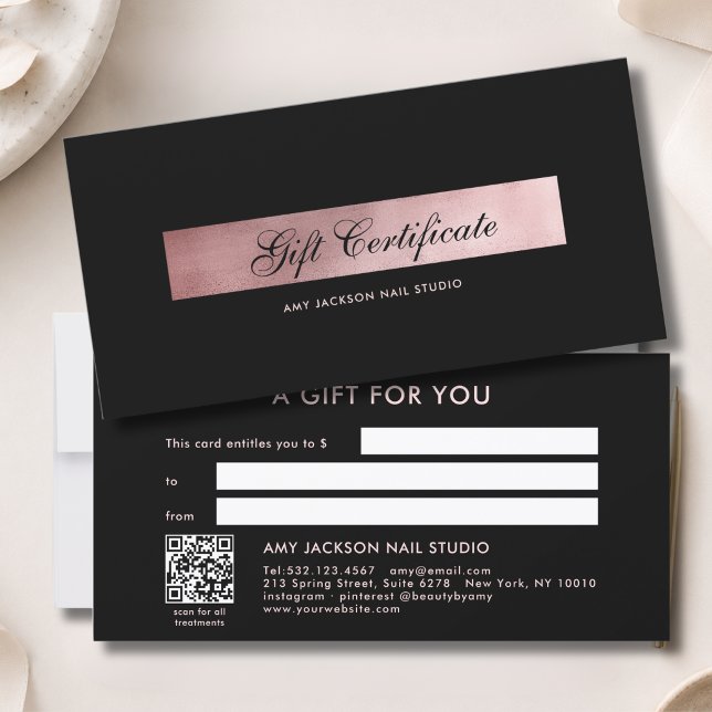 Certificat Cadeau Code QR Rose Or Noir Élégant (Elegant Black Rosegold QR Code Gift Certificate)