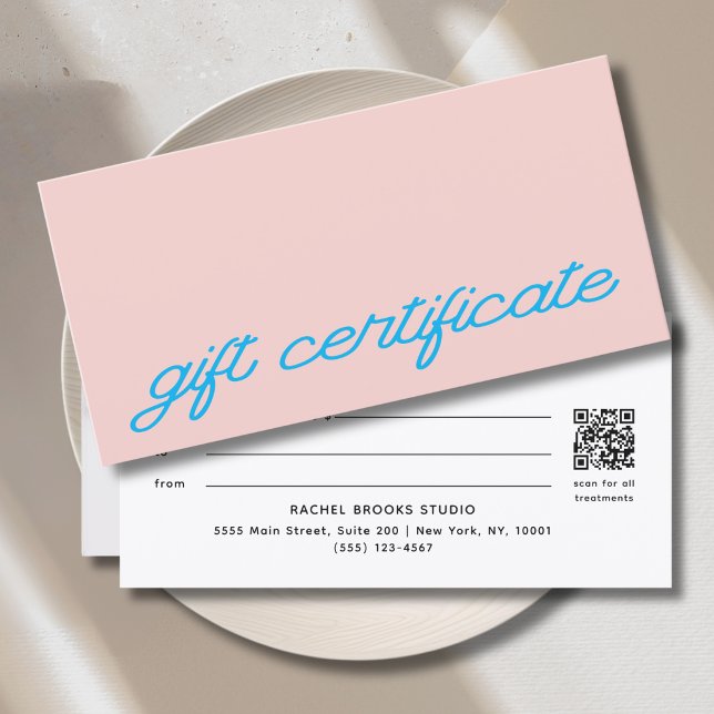 Certificat Cadeau Code QR Rose Pâle Écriture Moder (Modern Script Blush Pink QR Code Gift Certificate)