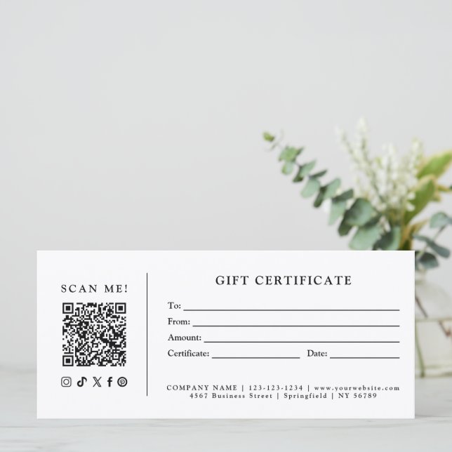 Certificat Cadeau Code QR Simple et Moderne pour E (Debout devant)