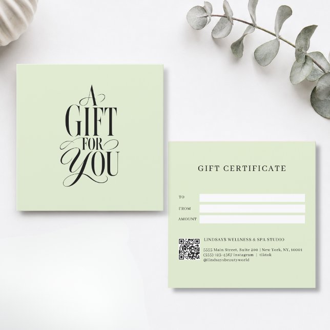 Certificat Cadeau Code QR Vert Police de Caractère (Modern Script Font Green QR Code Gift Certificate)