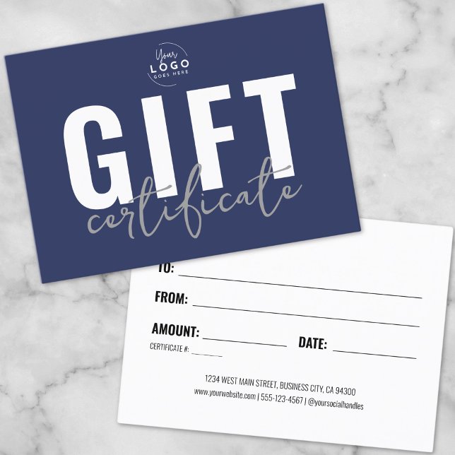 Certificat cadeau commercial minimaliste bleu mari (Minimalist Navy Blue Business Gift Certificate)