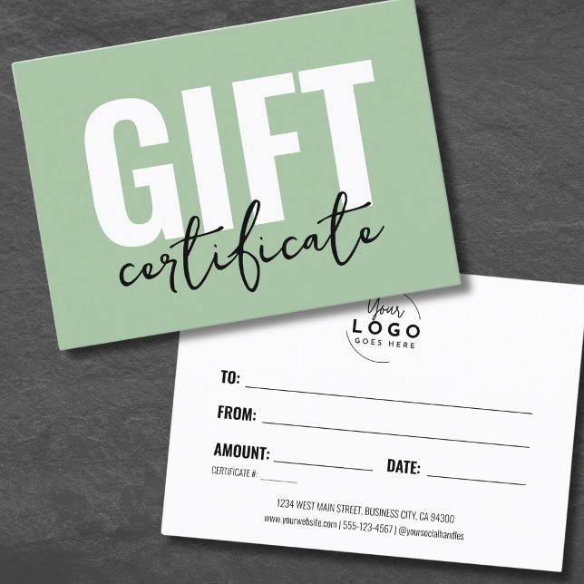 Certificat cadeau commercial minimaliste Logo (Sage Green Minimal Logo Business Gift Certificate)