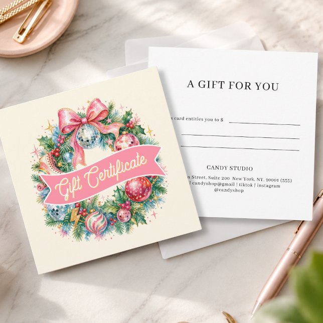 Certificat-cadeau Couronne de Noël Rétro Disco (Retro Disco Christmas Wreath Beige Gift Certificate)