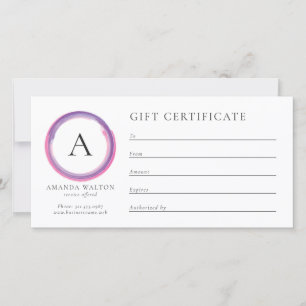 Certificat-cadeau d'affaires à monogramme rose et