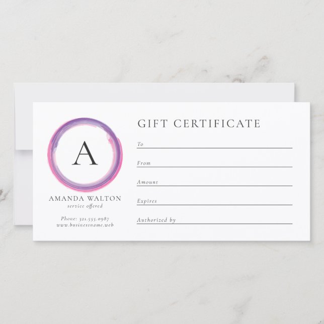 Certificat-cadeau d'affaires à monogramme rose et  (Devant)