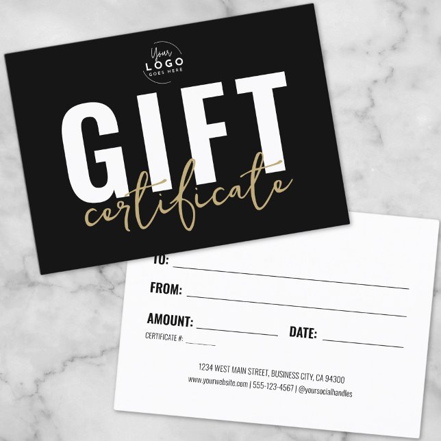 Certificat Cadeau d'Affaires Script Noir et Or (Black Faux Gold Script Business Gift Certificate)