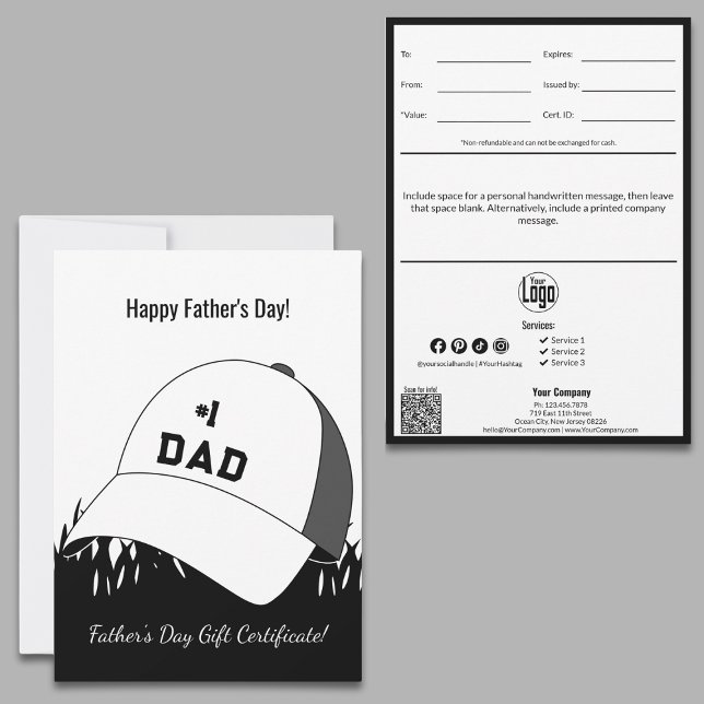 Certificat cadeau de Fête des pères pour petites e (Small Business Happy Father's Day Gift Certificate, #1 Dad Cap, QR code, Personal Note)