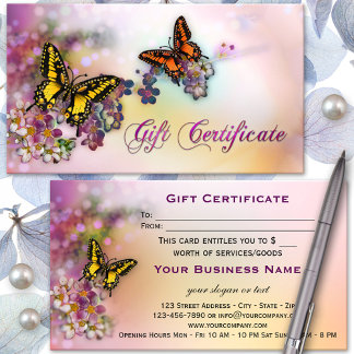 Certificat Cadeau de la Boutique de Papillons Arti