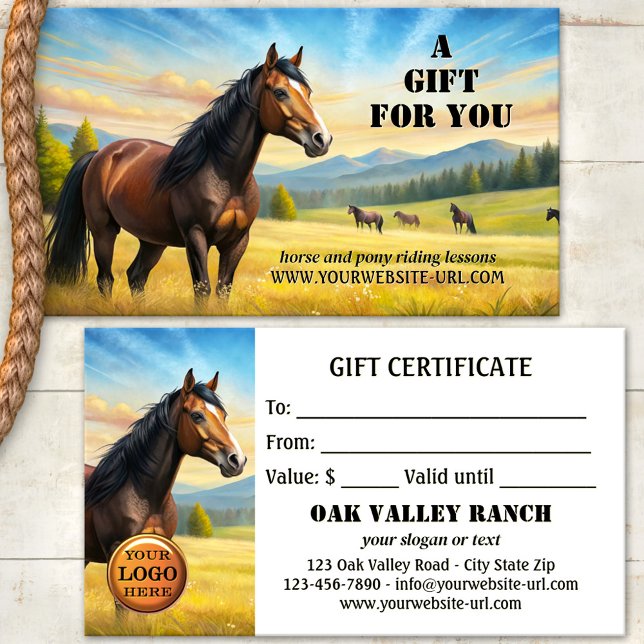 Certificat Cadeau de Leçons d'Équitation à l'Aquar (Artistic gift certificate featuring horses in a watercolor landscape - horse and pony riding lessons)