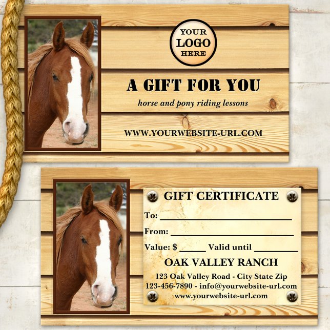 Certificat Cadeau de Leçons d'Équitation Photo (Rustic wood custom photo equine gift certificate template for horse or pony riding lessons)