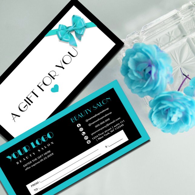 Certificat cadeau de logo de coeur noir et turquoi (Black and Turquoise heart logo gift certificate. #giftcard #turquoise #lightblue)