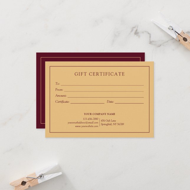 Certificat cadeau de logo d'entreprise de Bourgogn (Devant/Arrière en situation)