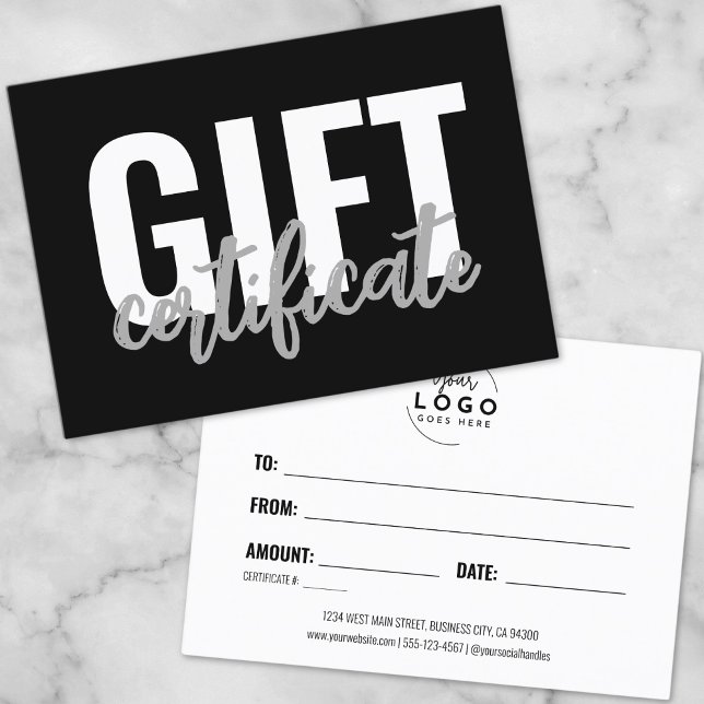 Certificat Cadeau de Logo d'Entreprise Noir et Bla (Logo Simple Script Business Gift Certificate)