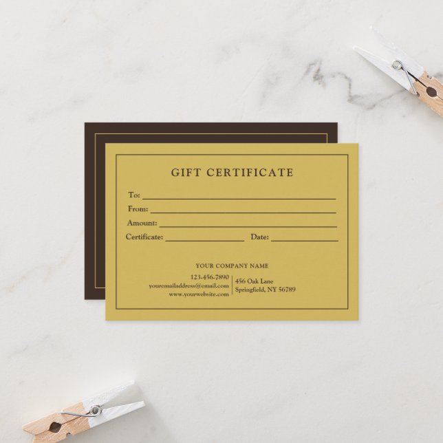 Certificat cadeau de logo d'entreprise simple et m (Devant/Arrière en situation)