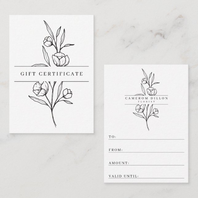 Certificat cadeau de magasin de fleurs dessiné à l (Devant / Derrière)