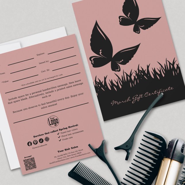 Certificat cadeau de mars de coiffure moderne (Modern Hairstylist March Gift Certificate, Pink and Black, Butterfly Silhouettes)