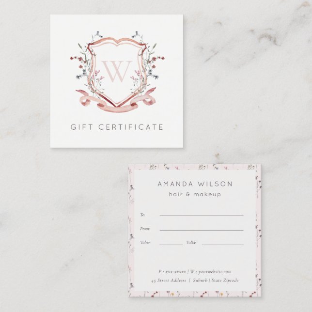 Certificat cadeau de monogramme de crête Fleur sau (Devant / Derrière)