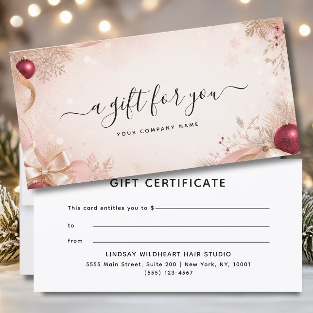 Certificat cadeau de Noël élégant pour entreprise (Elegant Christmas Blush Pink Red Gold Business Gift Certificate)