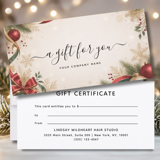Certificat cadeau de Noël élégant pour entreprise (Elegant Christmas Business Beige Green Red Gold Gift Certificate)