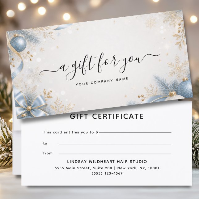 Certificat cadeau de Noël élégant pour entreprise (Elegant Christmas Business Beige Blue Gold Gift Certificate)
