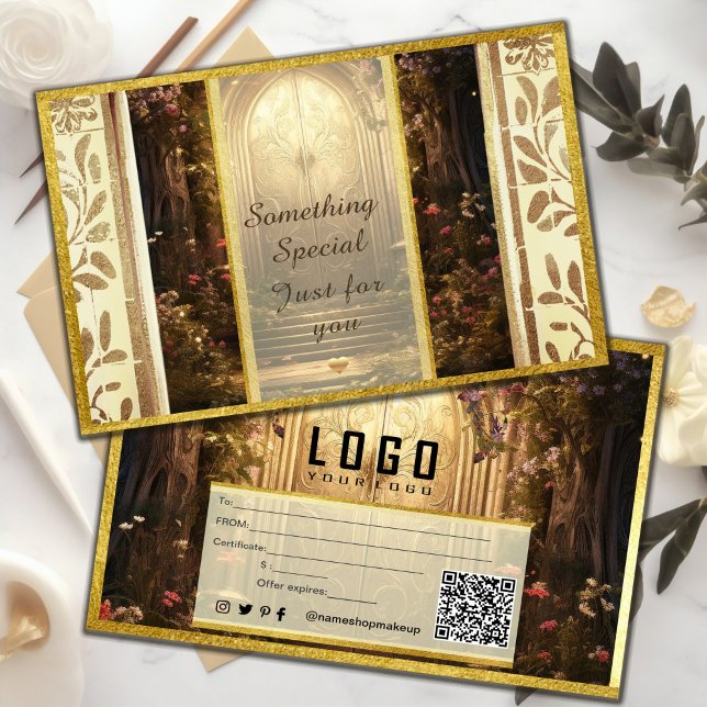 Certificat cadeau de porte de jardin enchantée (Enchanted Garden Gate Gift Certificate #zazzlemade #certificatecard #vouchercard #romanticdesighn)