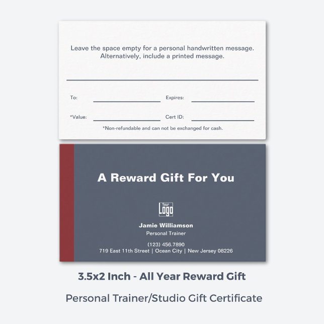 Certificat cadeau de récompense de stagiaire perso (3.5x2 Inch, Minimal Personal Trainer Reward Gift Certificate, Grey, White, Red)