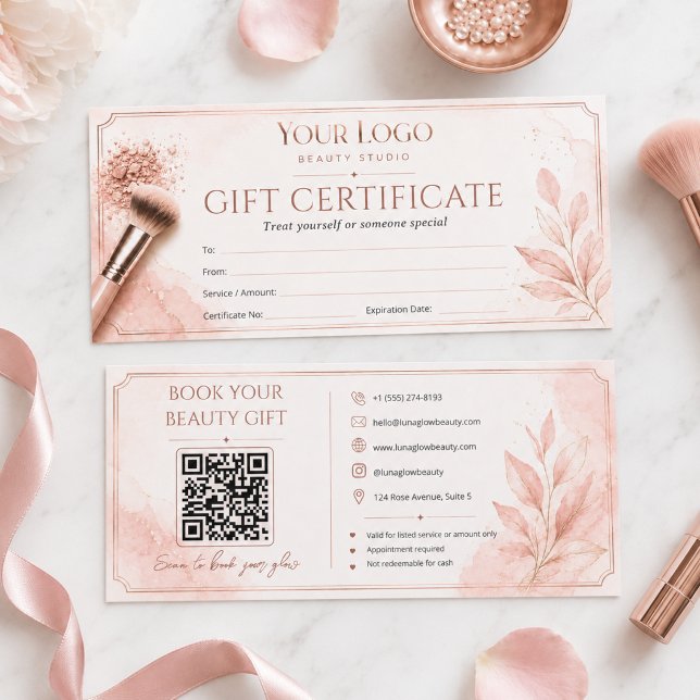 Certificat Cadeau de Salon de Beauté Blush Rose Go (Blush Pink QR Code Beauty Salon Gift Certificate Template)