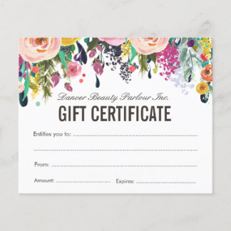 Certificat cadeau de salon de beauté florale peint