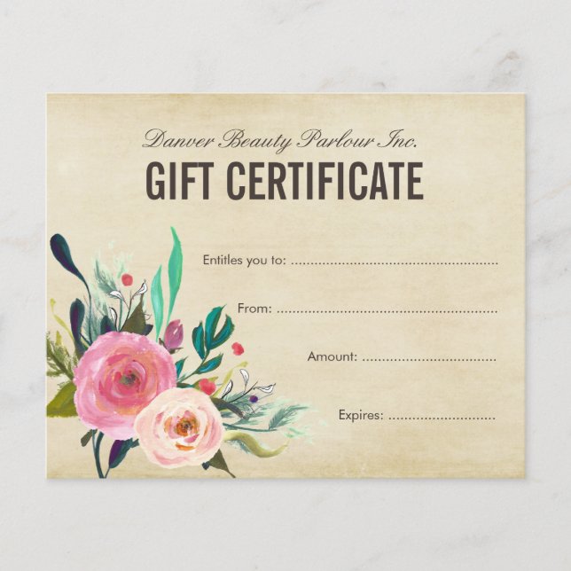 Certificat cadeau de salon de beauté florale peint (Devant)