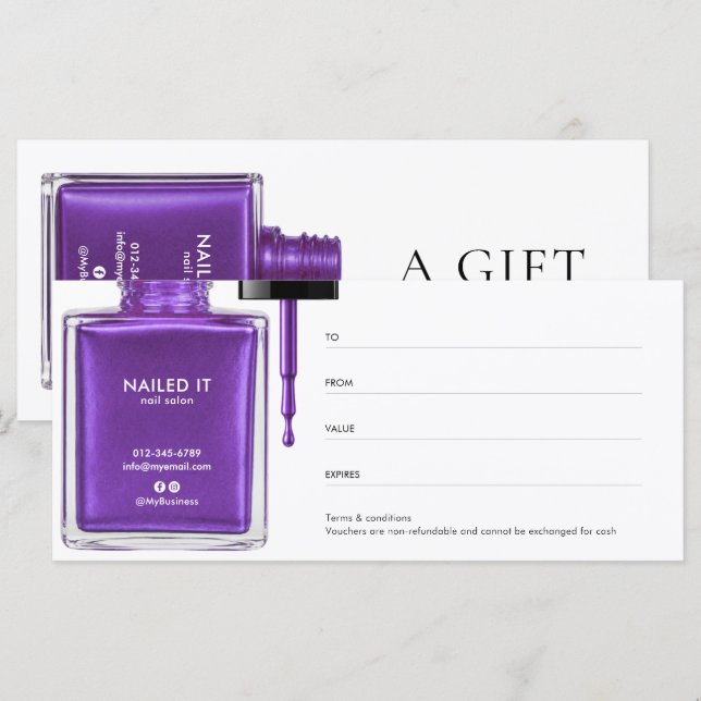 Certificat Cadeau de Salon d'Ongles Vernis à Ongle (Devant / Derrière)