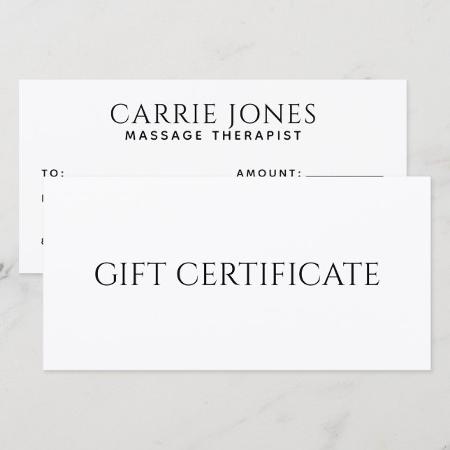 Certificat cadeau de thérapeute en massage simple (Devant / Derrière)