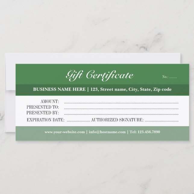 Certificat cadeau de tons verts (Devant)