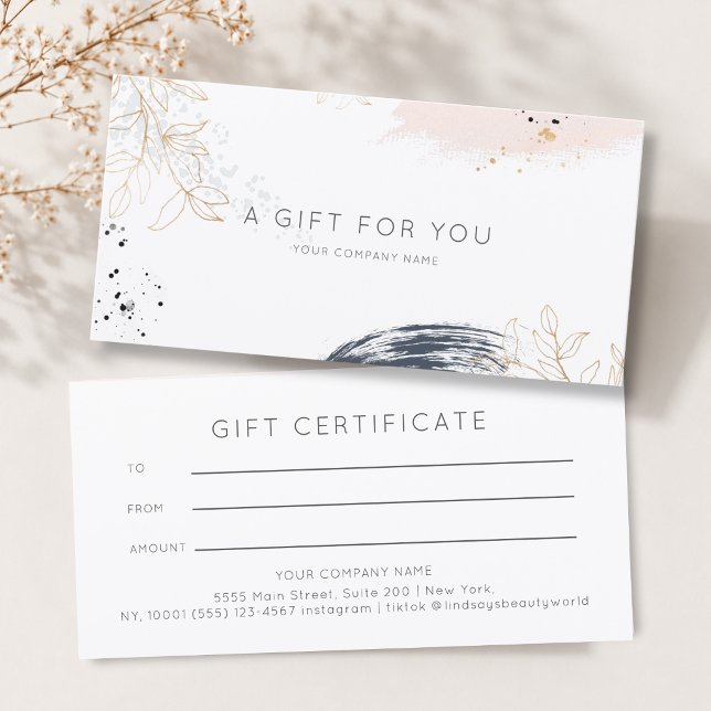 Certificat Cadeau d'Encre Aquarelle Moderne (Modern Watercolor Ink White Gift Certficate Blue Blush Gold )