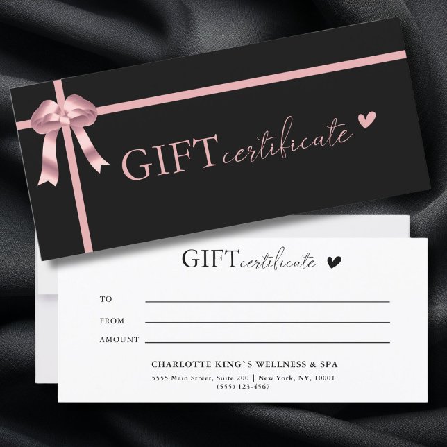 Certificat cadeau d'entreprise spécifique au clien (Customer specific, Luxury, Elegant, Ribbon, Salon, Black Business Gift Certificate.)