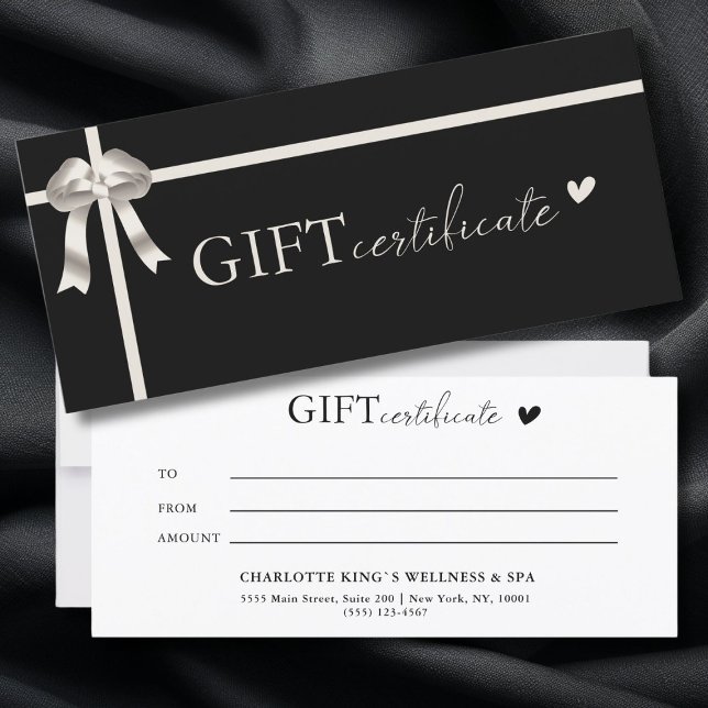 Certificat cadeau d'entreprise spécifique au clien (Customer specific, Luxury, Elegant, Ribbon, Salon, Black Business Gift Certificate.)