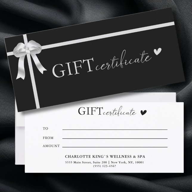 Certificat cadeau d'entreprise spécifique au clien (Customer specific, Luxury, Elegant, Ribbon, Salon, Black Business Gift Certificate.)