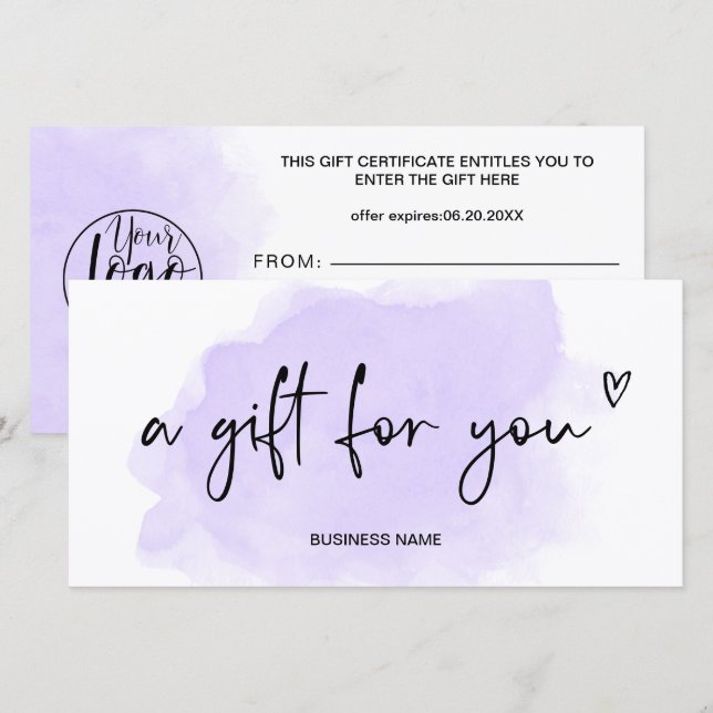 Certificat cadeau du logo du coeur d'aquarelle vio (Devant / Derrière)