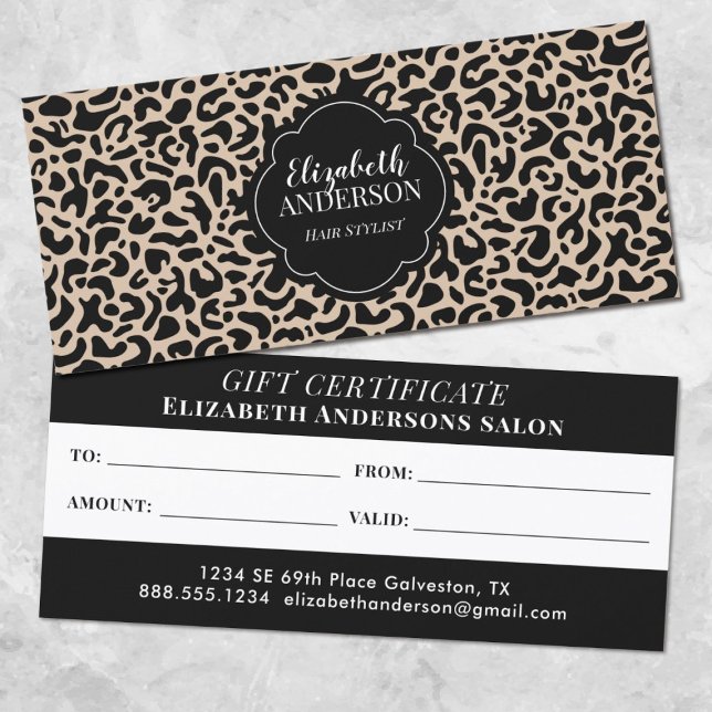 Certificat cadeau du salon de beauté Leopard Coiff (An elegant and chic leopard pattern beauty salon gift card.)