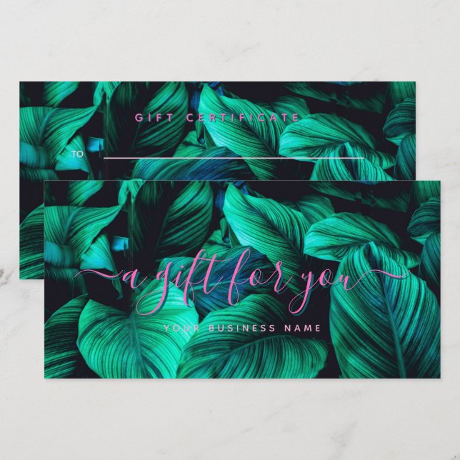 Certificat Cadeau Écriture Rose Feuillage Tropical (Devant / Derrière)