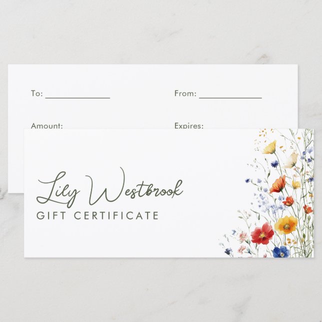 Certificat Cadeau Élégant Fleur Sauvage Aquarelle (Devant / Derrière)