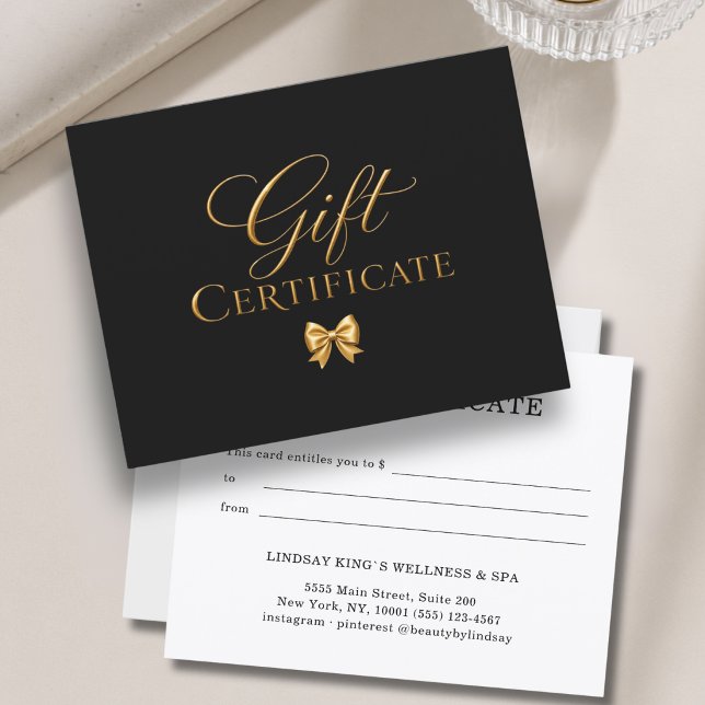 Certificat-cadeau élégant noir et or (Elegant Black Gold Bow Gift Certificate)
