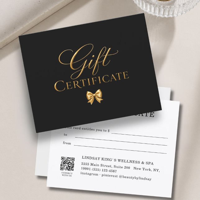 Certificat-cadeau élégant noir et or avec ruban (Elegant Black Gold Bow Gift Certificate)