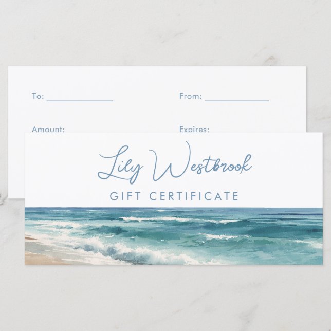 Certificat Cadeau Élégant Océan Plage Aquarelle (Devant / Derrière)