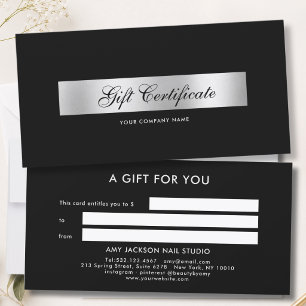 Certificat Cadeau Élégant Rayure Noir Argent