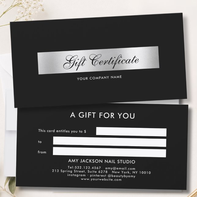 Certificat Cadeau Élégant Rayure Noir Argent (Elegant Black Silver Stripe Gift Certificate)
