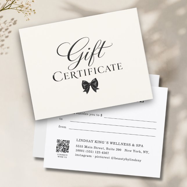 Certificat Cadeau Élégant Ruban Beige Noir (Elegant Bow Beige Black Gift Certificate)